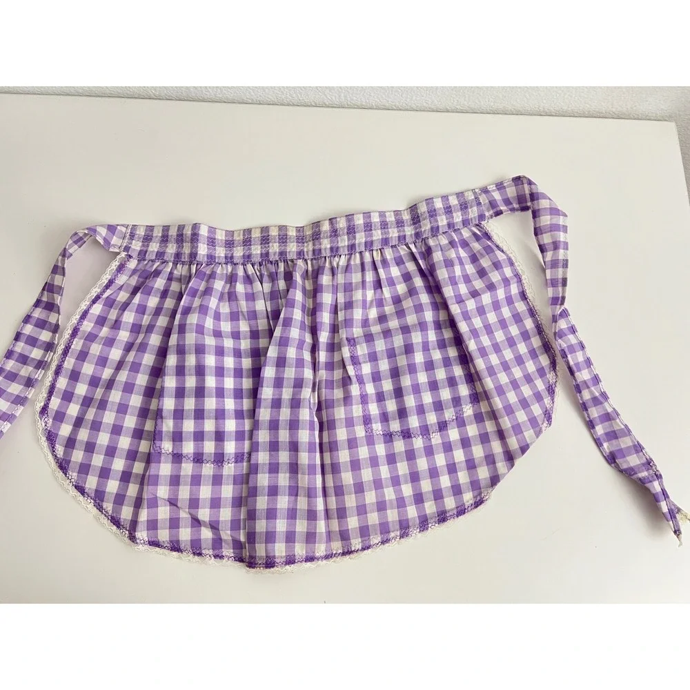 Vintage Purple Gingham Half Apron Lace Trim Rick Rack Two Pocket Retro Handmade